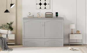 English Elm Full Size Murphy Wall Bed with Storage Drawers Usb Charging Ports and Pulley Mechanism Gray LP100670AAE