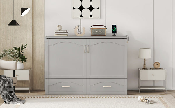 English Elm Full Size Murphy Wall Bed with Storage Drawers Usb Charging Ports and Pulley Mechanism Gray LP100670AAE