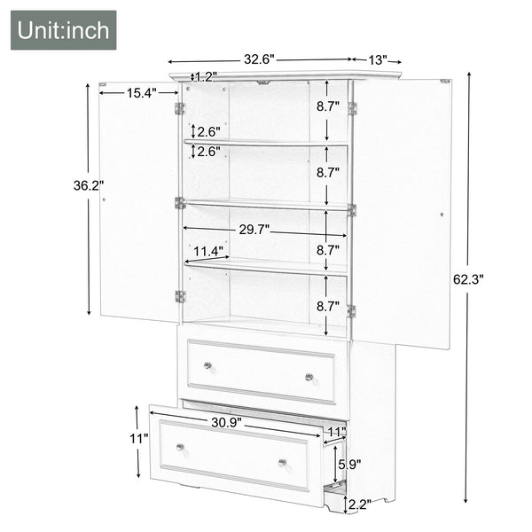 English Elm Wide Grey Bathroom Storage Cabinet with 2 Drawers, 2 Doors, Adjustable Shelf, Anti-Tip, 120lb Capacity WF312729AAE