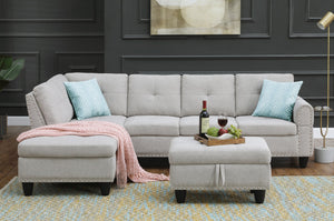 English Elm Alger Linen-Blend 98" Left-Facing Sofa & Chaise with Storage Ottoman, Tufted Back & Nailhead Trim Light Gray B102S00051