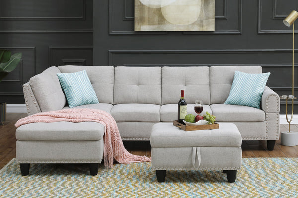 English Elm Alger Linen-Blend 98" Left-Facing Sofa & Chaise with Storage Ottoman, Tufted Back & Nailhead Trim Light Gray B102S00051