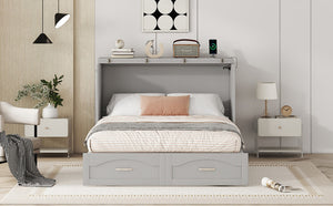 English Elm Full Size Murphy Wall Bed with Storage Drawers Usb Charging Ports and Pulley Mechanism Gray LP100670AAE
