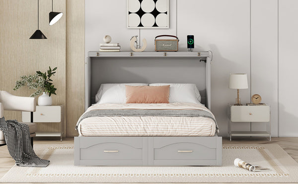 English Elm Full Size Murphy Wall Bed with Storage Drawers Usb Charging Ports and Pulley Mechanism Gray LP100670AAE