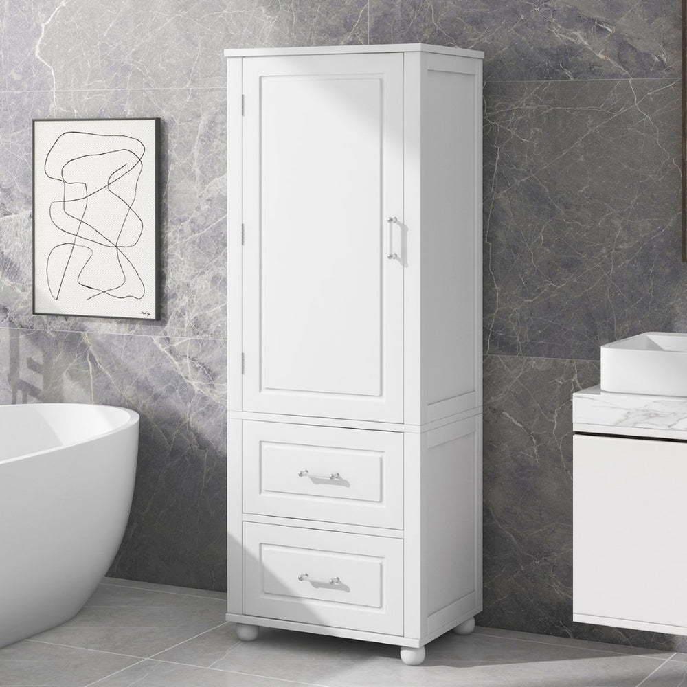 English Elm Tall Freestanding Bathroom Cabinet White Mdf Two Drawers Adjustable Shelving Storage WF312728AAK
