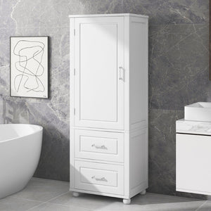 English Elm Tall Freestanding Bathroom Cabinet White Mdf Two Drawers Adjustable Shelving Storage WF312728AAK