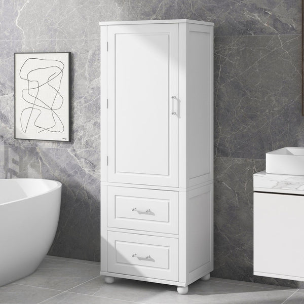 English Elm Tall Freestanding Bathroom Cabinet White Mdf Two Drawers Adjustable Shelving Storage WF312728AAK