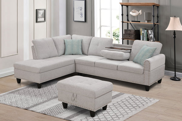 English Elm Alger Linen-Blend 98" Left-Facing Sofa & Chaise with Storage Ottoman, Tufted Back & Nailhead Trim Light Gray B102S00051