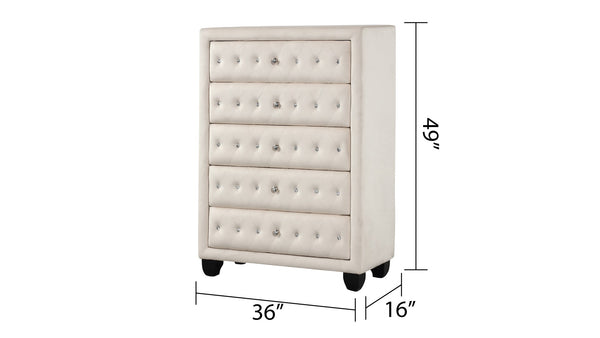 English Elm Sophia 5-Drawer Upholstered Chest In Cream Velvet With Crystal Tufting For Elegant Bedroom Storage G150108589-GIGA