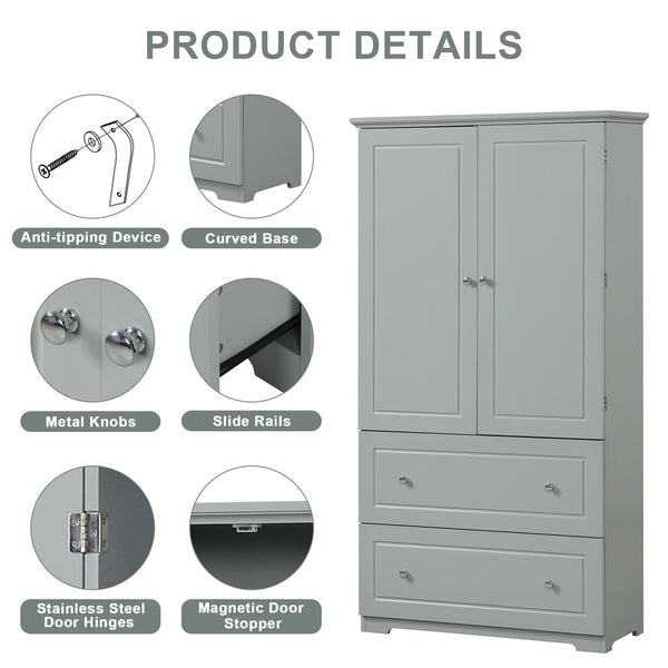 English Elm Wide Grey Bathroom Storage Cabinet with 2 Drawers, 2 Doors, Adjustable Shelf, Anti-Tip, 120lb Capacity WF312729AAE