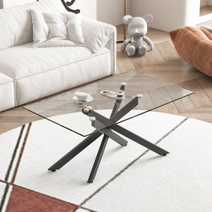 English Elm 39.37" Tempered Glass Rectangular Coffee Table with Powder-coated Metal Legs for Living Room Black W241120466