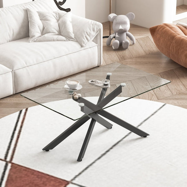 English Elm 39.37" Tempered Glass Rectangular Coffee Table with Powder-coated Metal Legs for Living Room Black W241120466