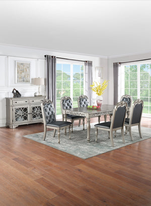 English Elm Traditional Formal 7pc Dining Set with Tufted Cushion Chairs and Intricate Silver Grey Finish Elegance Gray+Silver 47 L x 7 W x 77 H B011S00601