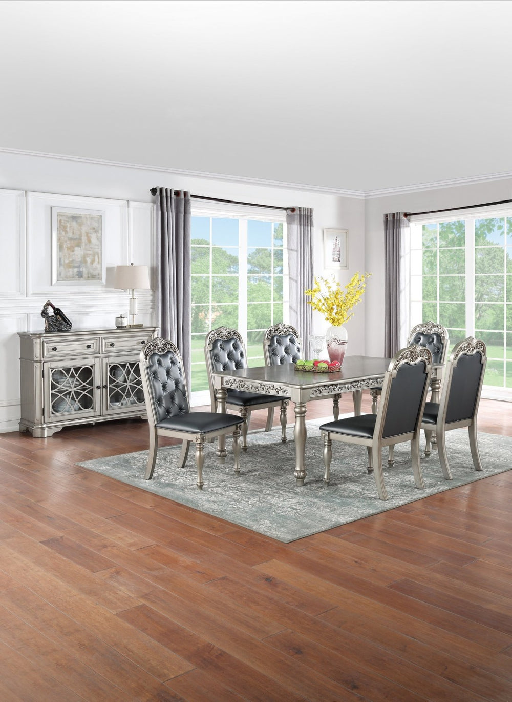 English Elm Traditional Formal Rubberwood Dining Set Seats Six Tufted Chairs Silver Grey Finish B011S00601
