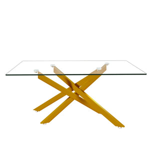 English Elm 39.37" Tempered Glass Rectangular Coffee Table with Powder-coated Metal Legs for Living Room Golden W241120460