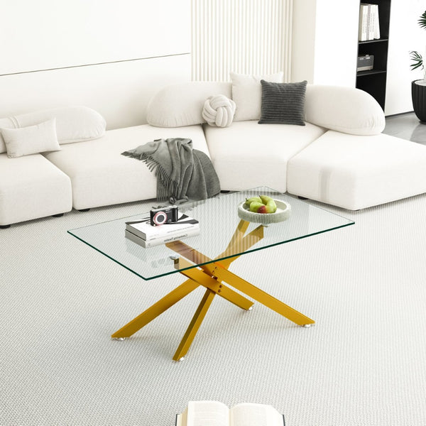 English Elm 39.37" Tempered Glass Rectangular Coffee Table with Powder-coated Metal Legs for Living Room Golden W241120460