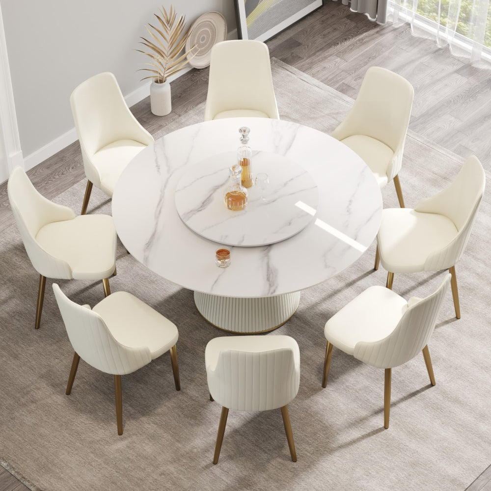 English Elm 59.05 Sintered Stone Round Dining Table with Lazy Susan Seats 8 Sculptural Base W1535S00642