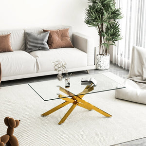 English Elm 39.37" Tempered Glass Rectangular Coffee Table with Powder-coated Metal Legs for Living Room Golden W241120460