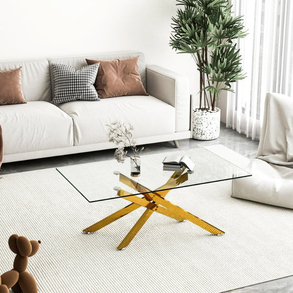 English Elm 39.37" Tempered Glass Rectangular Coffee Table with Powder-coated Metal Legs for Living Room Golden W241120460