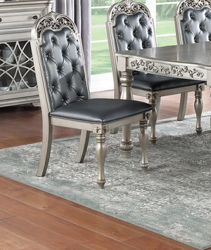English Elm Traditional Formal 7pc Dining Set with Tufted Cushion Chairs and Intricate Silver Grey Finish Elegance Gray+Silver 47 L x 7 W x 77 H B011S00601