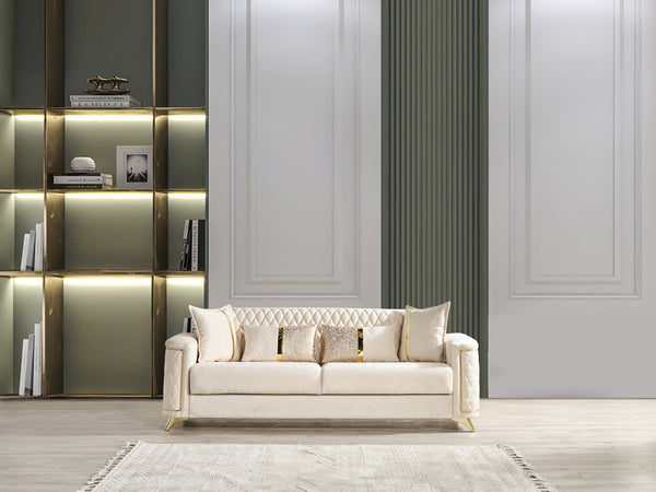 English Elm Luna 3Pc Modern Living Room Set In Ivory - Luxurious Velvet, Hidden Storage & Stylish Gold Legs B009S02053