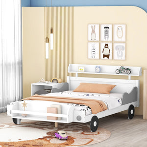 Hearth and Haven Full Size Car-Shaped Platform Bed, Full Bed with Storage Shelf For Bedroom, White WF312486AAK