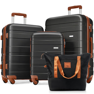 English Elm Luggage 4 Piece Abs Hard Shell Expandable Suitcase Set with Spinner Wheels Travel Bag Black+Brown PP531909AAA
