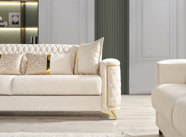 English Elm Luna Velvet 3Pc Modern Living Room Set with Gold Legs, Hidden Storage & Sofa Bed Mechanism Elegance Ivory B009S01545