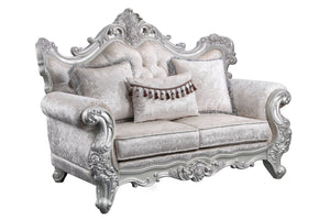 English Elm Melrose 5PC Living Room Set in Champagne Wood with Silver Brush Accents, Plush Pillows & Tables B009S01334