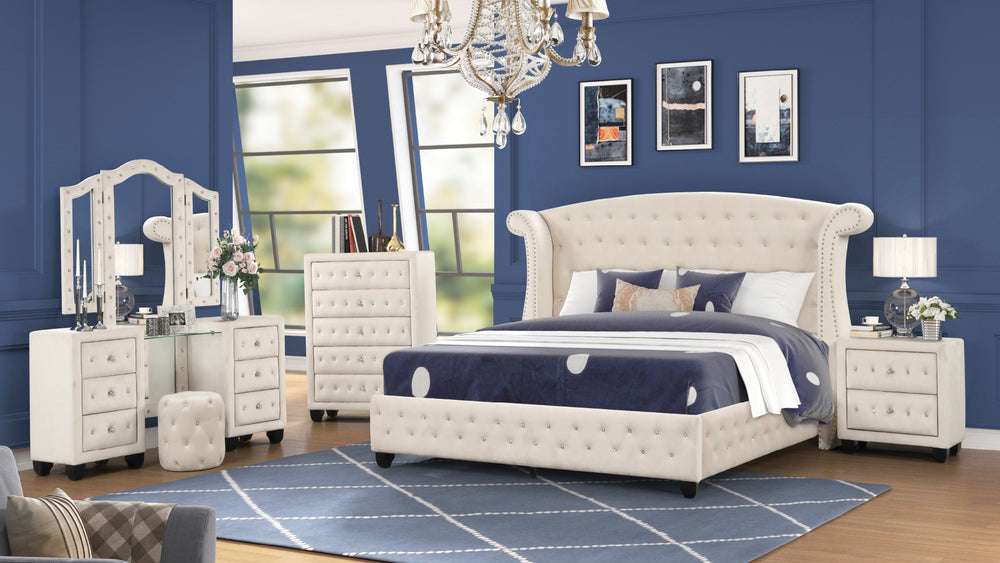 English Elm Modern Crystal Tufted 6-Drawer Vanity Set With Mirror & Stool In Cream Velvet - Stylish Storage Solution B009S01683