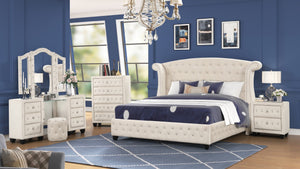 English Elm Sophia Crystal Tufted Queen 5 Pc Bedroom Set, Solid Wood In Cream - Glamorous Vanity & Storage Solutions B009S01974-GIGA