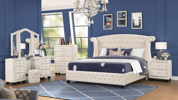English Elm Sophia Crystal Tufted Queen 5 Pc Bedroom Set, Solid Wood In Cream - Glamorous Vanity & Storage Solutions B009S01974-GIGA
