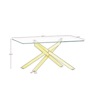 English Elm 39.37" Tempered Glass Rectangular Coffee Table with Powder-coated Metal Legs for Living Room Golden W241120460