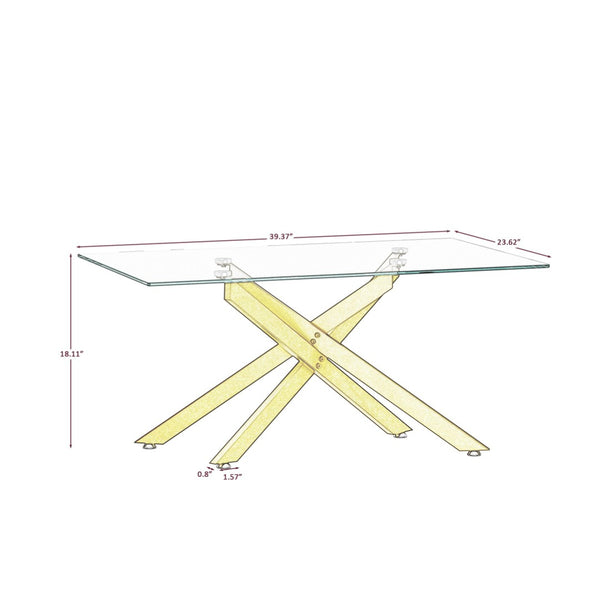 English Elm 39.37" Tempered Glass Rectangular Coffee Table with Powder-coated Metal Legs for Living Room Golden W241120460