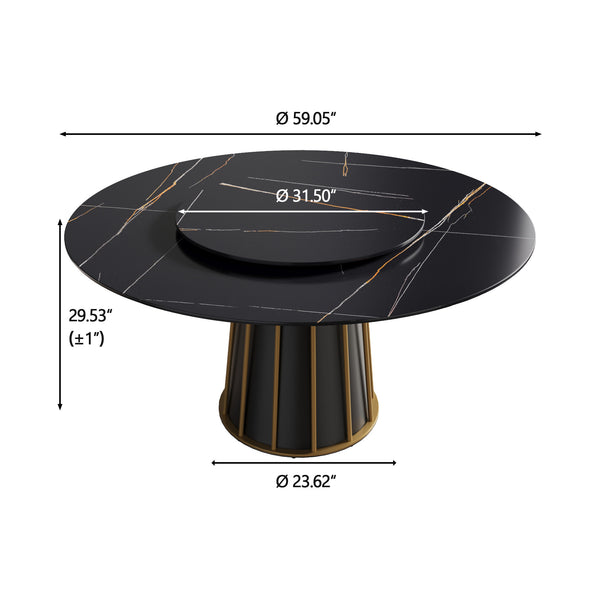English Elm 59.05"Modern 59.05" Modern Round Dining Table With Lazy Susan - Stylish Sintered Stone Top, Seats 8, Iron Base W1535S00335