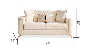 English Elm Luna 3Pc Modern Living Room Set In Ivory - Luxurious Velvet, Hidden Storage & Stylish Gold Legs B009S02053