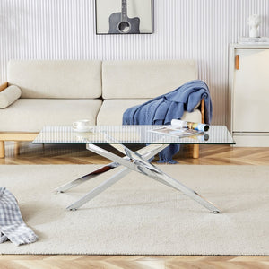 English Elm 47.2" Tempered Glass Top Coffee Table with Powder-coated Black Metal Legs for Living Room W241120467