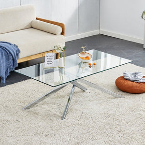 English Elm 39.37" Tempered Glass Rectangular Coffee Table with Powder-coated Metal Legs for Living Room W241120464