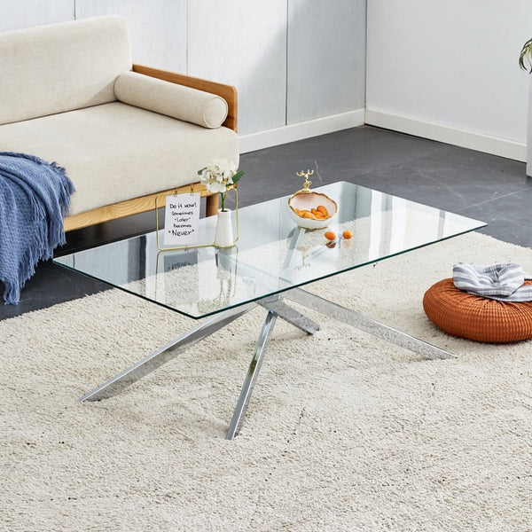 English Elm 39.37" Tempered Glass Rectangular Coffee Table with Powder-coated Metal Legs for Living Room W241120464