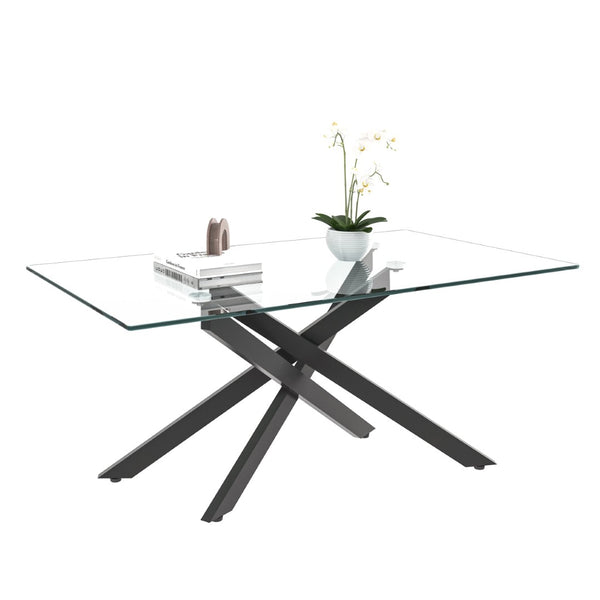 English Elm 39.37" Tempered Glass Rectangular Coffee Table with Powder-coated Metal Legs for Living Room Black W241120466