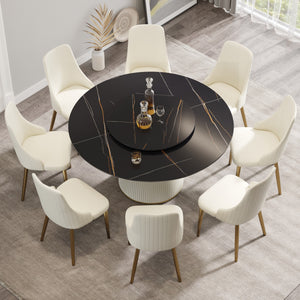 English Elm 59.05 Modern Round Dining Table With Rotating Turntable - Seats 6-8, Durable Sintered Stone Top W1535S00339