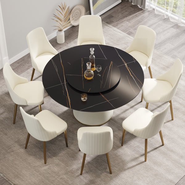 English Elm 59.05 Modern Round Dining Table With Rotating Turntable - Seats 6-8, Durable Sintered Stone Top W1535S00339