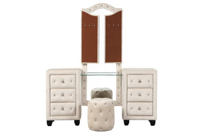 English Elm Sophia Crystal Tufted Queen 5 Pc Bedroom Set, Solid Wood In Cream - Glamorous Vanity & Storage Solutions B009S01974-GIGA