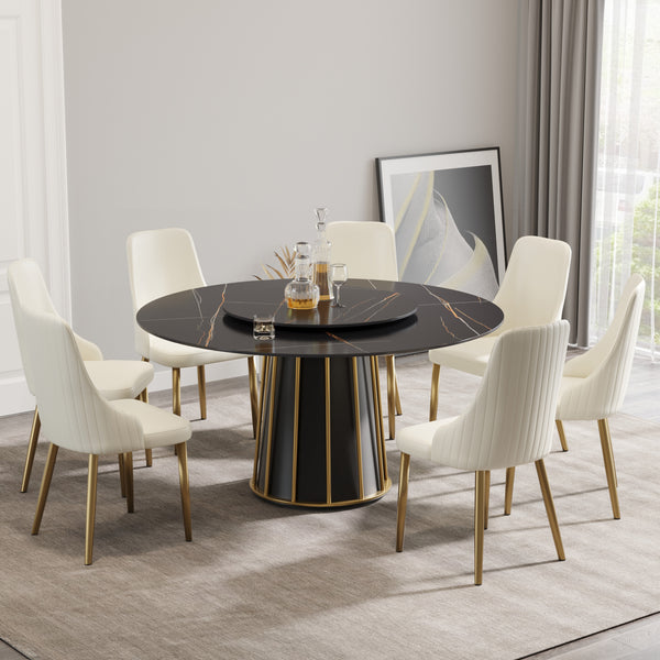 English Elm 59.05"Modern 59.05" Modern Round Dining Table With Lazy Susan - Stylish Sintered Stone Top, Seats 8, Iron Base W1535S00335