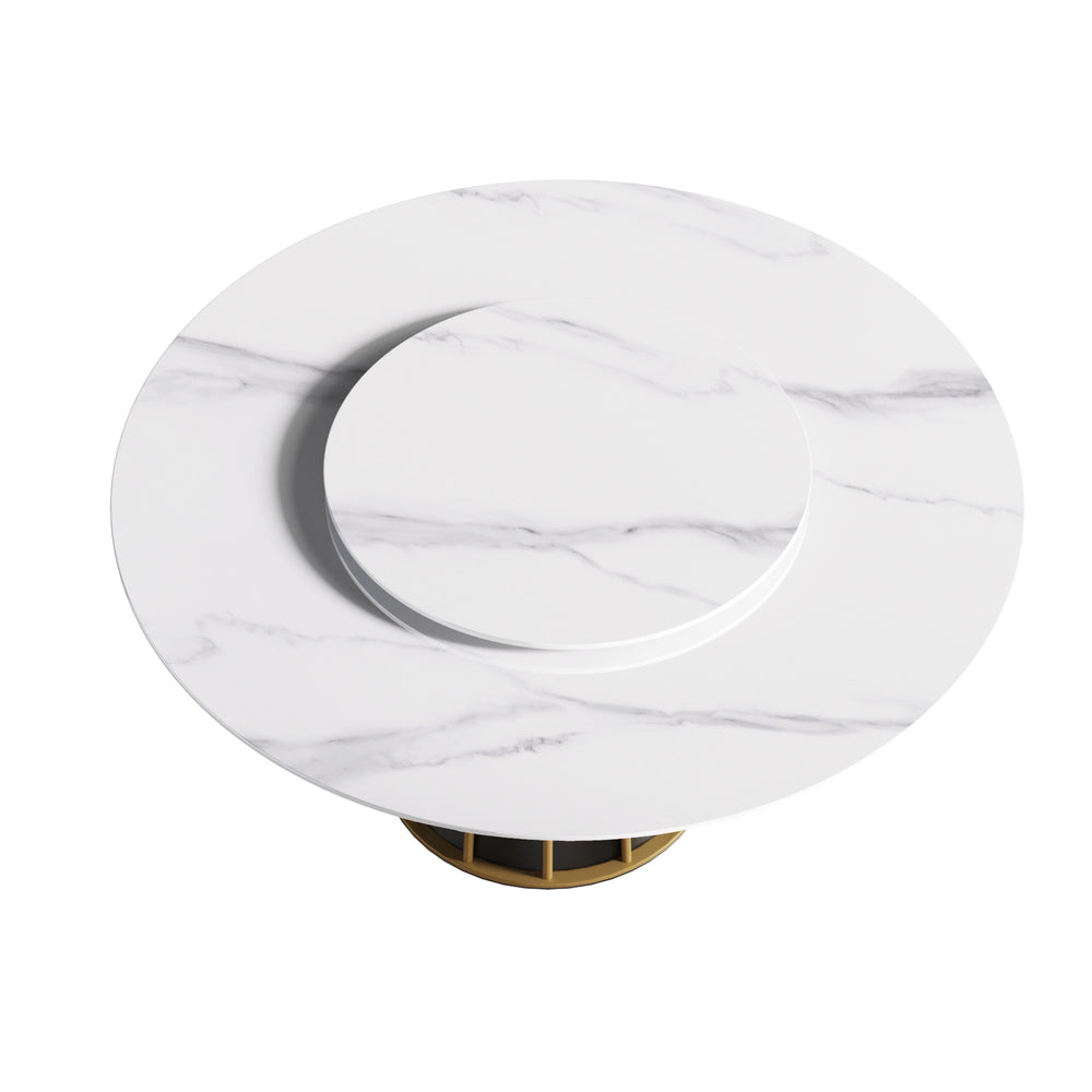 English Elm 59.05"Modern Elegant Round Dining Table With White Sintered Stone Top & Lazy Susan For 8 People W1535S00333