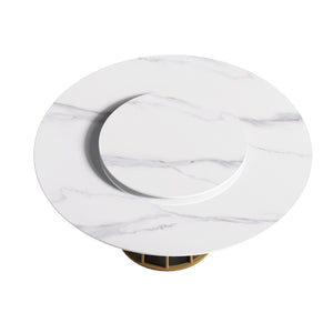 English Elm 59.05"Modern Elegant Round Dining Table With White Sintered Stone Top & Lazy Susan For 8 People W1535S00333