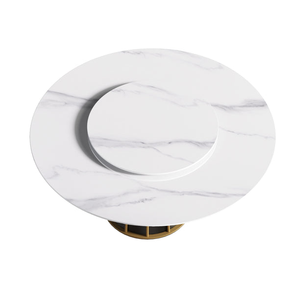 English Elm 59.05"Modern Elegant Round Dining Table With White Sintered Stone Top & Lazy Susan For 8 People W1535S00333