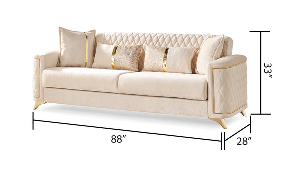 English Elm Luna 3-Piece Modern Living Room Set In Ivory Velvet With Gold Legs, Sofa Bed & Storage Solutions B009S02052