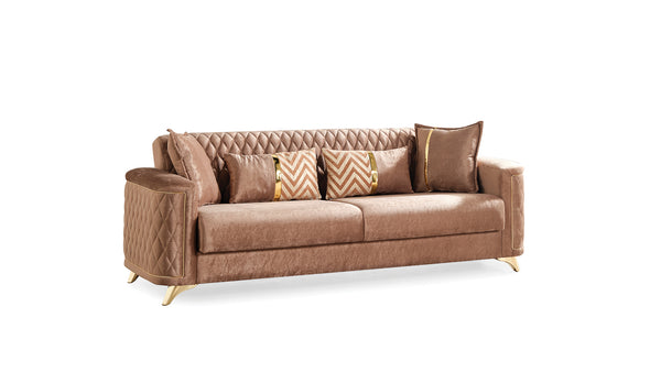 English Elm Luna Velvet 2Pc Living Room Set in Copper – Modern Sofa & Loveseat w/ Gold Legs, Storage & Sleeper B009S01543