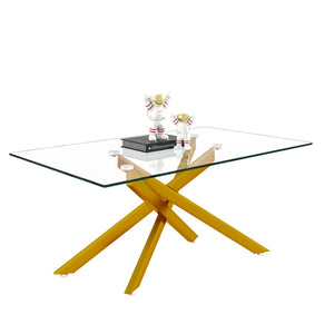 English Elm 39.37" Tempered Glass Rectangular Coffee Table with Powder-coated Metal Legs for Living Room Golden W241120460