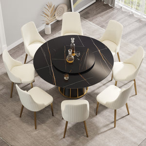 English Elm 59.05"Modern 59.05" Modern Round Dining Table With Lazy Susan - Stylish Sintered Stone Top, Seats 8, Iron Base W1535S00335